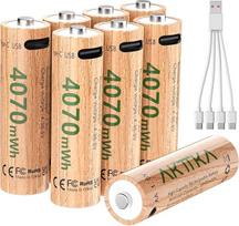 8 ličio AA baterijų rinkinys, 4070 mWh, 1,5 V, su 1-4 USB-C įkrovimo kabeliu, skirtas žaidimų valdikliams, išmaniosioms durų spynoms, apsaugos kameroms