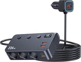 9 in 1 USB C automobilinis įkroviklis Automobilinis cigarečių žiebtuvėlio daliklis 226 W su trigubu 12 V/24 V kištukiniu įkrovimo kabelio dalikliu su 4 USB + dviem PD prievadais, su atskiru jungikliu, LED įtampos ekranu