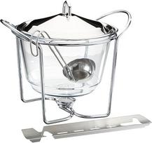 APS 65065 "Fire Tongs Punch" rinkinys su cukraus žnyplėmis, ugnies žnyplėmis, puansonu, stikliniu dubeniu, poliruoto nerūdijančio plieno dangčiu, chromuotu pašildytuvu, samčiu, maždaug 4 litrų talpos