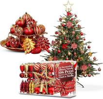 Avilia 106-teiliges Weihnachtsbaum-Dekorationsset in Rot und Gold mit bruchsicheren Kugeln, Blumen und Sternen für passende Weihnachtsdekorationen, einfach aufzuhängen und wiederzuverwenden