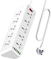 B09H3156N2USB prailginimo laidas 2 m, 10 maitinimo lizdų su 6 USB (1 C tipo + QC3.0 lizdai + 4 USBA), apsauga nuo viršįtampių, kištukinis prailginimo lizdas, skirtas namų biurui, 2500 W/10 A, baltos spalvos