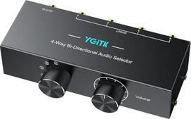 Bi-Direktionaler Stereo Audio Schalter 4(1) In-1(4) Out 3,5mm Aux- & RCA L/R Audio Umschaltbox mit Off-Taste, Passiv Audio-Splitter für Lautsprecher, Kopfhörer, Verstärker, CD-Player uzw.