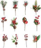 Cymax Künstliche Tannenzapfen, verschiedene Blumen-Picker, rote Beeren, Tannenzapfen, künstliche Baumspieße für Weihnachtskranz, festliche Wintersaison, 12 Stück