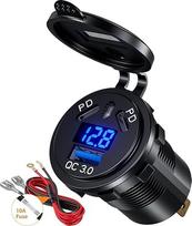 Dvigubas PD 3.0 USB automobilinis įkroviklis, dvigubas 45W PD C tipo ir 18W QC3.0 12V USB lizdas su jungikliu ir voltmetru, greitasis įkrovimas, atsparus vandeniui, skirtas automobiliui, valčiai, motociklui, jūriniam sunkvežimiui