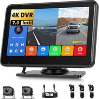 Dvigubos atbulinės eigos kameros rinkinys, laidinis, 7 colių IPS monitorius, 4K vaizdo registratorius su "Android Cast", IP68 vandeniui atsparus, įrašymo funkcija, parkavimo stebėjimo linijos, 12V-24V