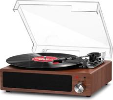 FYDEE Vinilinis patefonas su įmontuotais stereofoniniais garsiakalbiais, 3 greičiai 33/45/78 aps/min, "Bluetooth" plokštelių grotuvas, su RCA išvestimi ir AUX įvestimi, riešutmedžio spalvos