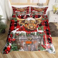Highland galvijų spausdinti Kalėdų patalynės komplektas 3 dalių berniukai mergaitės vaikai Kalėdų dekoracijos Bedspread padengti raudona geometrinis tinklelis Laimingų Naujųjų metų patalynė