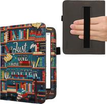 kwmobile Flip Case Compatible with Amazon Kindle Paperwhite (2024)/Colorsoft - Front Compartment Wrist Strap - Library Theme Multicoloured