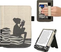 kwmobile Flip Cover Compatible with Pocketbook Verse/Verse Pro/Verse Color/Vivlio Light/Light HD - Case with Wrist Strap Reading Woman Black Beige