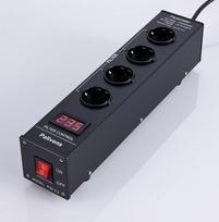Maitinimo tinklo filtras "HiFi" 4 krypčių trikdžių filtro lizdas su LCD ekranu, apsauga nuo viršįtampių, apsauga nuo apkrovos iki 15 A, keli lizdai garsiakalbiams, CD DVD grotuvui, juodas
