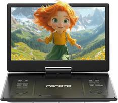 POFOTO 15,7 colių nešiojamasis DVD grotuvas su 14,1 colių HD pasukamu ekranu, 6 valandų baterijos veikimo laikas, be zonų, palaiko kelis formatus / SD / USB, TV / projektoriaus jungtis, stereo garsiakalbis, apsauga nuo smūgių ir atmintis