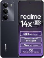 realme 14 x 5G išmanusis telefonas 6 + 128GB, anglies juodos spalvos, 6,67 colių ekranas, 120 Hz ekranas, 5000 mAh baterija, 50 MP AI kamera, "MediaTek Dimensity 6300", "ArmorShell" apsauga, IP64