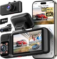 REDTIGER F17 4K 3 kanalų prietaisų kameros, 4K + 1080P + 1080P prietaisų kameros automobilio priekyje, gale ir viduje, 5G WiFi su GPS ir 64GB žemėlapiu, įrašymas kilpa, 3 colių ekranas, IR naktinis matymas, WDR, parkavimo režimas