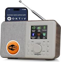 SR10 internetinis radijas su DAB/DAB+, "WiFi" radijas su "Podcast" grotuvu, išmanusis DAB radijas su "Bluetooth", FM radijas, virtuvės radijo imtuvas su maitinimo šaltiniu ir baterija, spalvotas ekranas, dvigubas žadintuvas, iš anksto nustatytų nustatymų