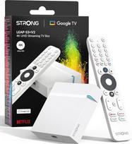 STRONG LEAP-S3+V2 transliacijos išmaniosios televizijos dėžutė 4K UHD - 2GB RAM + 16GB atminties, HDR10+ ir "Dolby Vision/Atmos", "WiFi 5" ir BLE 5, eterneto prievadas (RJ45), balso asistentas, balta