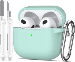 Suderinamas su "AirPods" 3 kartos dėklu 2021, suderinamas su "AirPods 3" dėklu, minkšto silikono apsauga, suderinamas su "AirPods 3" dėklu su raktų pakabuku ir valymo rinkiniu, mėtų žalios spalvos