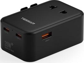 TESSAN kelionės adapteris visame pasaulyje PD 20 W, kelionės adapteris visame pasaulyje su 2 USB C ir 1 USB A, kelionės kištukinis adapteris visame pasaulyje, tarptautinis kištukinio lizdo adapteris Anglijoje, JAV, Tailande, Australijoje, juodas