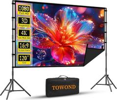 TOWOND Lauko projektoriaus ekranas su stovu, 120 colių nešiojamasis projektoriaus ekranas su juodu pagrindu, vidinis projekcinis ekranas 16:9, 4K HD, nesiraukšlėjantis kino ekranas su krepšiu