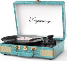 Trynnay patefonas grotuvas 3 greičio "Bluetooth" nešiojamasis dėklas vinilo grotuvas su įmontuotais garsiakalbiais patefonas patobulintas garso garsas vaškuota oda retro mėlyna