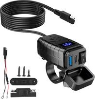 USB lizdas motociklui: USB USB USB lizdas: PD3.0 + QC3.0 automobilinis įkroviklis su LED įtampos matuokliu, greitas įkrovimas automobiliui, kemperiui, motociklui, valčiai, jachtai.