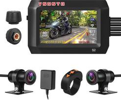 VSYSTO WiFi motociklo prietaisų skydelio kamera, atspari vandeniui, 3 colių ekranas, WDR SONYIMX307 150° plataus kampo HD 1080P priekinė ir galinė kamera, padangų slėgio jutikliai, temperatūros jutiklis, parkavimo monitorius, GPS