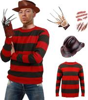 Yearsahrk Freddy Krueger kostiumas 4 dalių košmaras kostiumas dryžuotas megztinis pirštinės kepurė randas lipdukas Halloween Cosplay suaugusiems