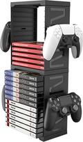 Žaidimų laikymo bokštas su 4 valdiklių stovais, vaizdo žaidimų laikymo stovas 24 CD PS5/PS4/PS3/Xbox serijos S ir X/Xbox One žaidimams