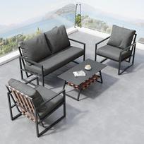 "Ball & Cast" sodo baldų komplektas 4 asmenims, balkono baldai su 2 sėdimų vietų sofa, kavos staliuku ir 2 foteliais, PVC su dizainu, lauko poilsio baldai su stikliniu stalviršiu, juodos spalvos