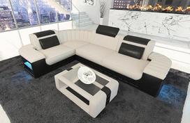 "Bergamo" L formos medžiaginė sofa-lova su LED apšvietimu, reguliuojamais galvos atlošais, šezlongu / mikropluoštas / galimybė pasirinkti orientaciją (kampas kairėje, dramblio kaulo juodos spalvos C86)