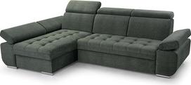 "Bianco" kampinė sofa su miego funkcija ir lovos dėže - kampinė L formos sofa su judančiais galvos atlošais, sulankstoma sofa-lova svetainei, modernaus dizaino sofa-lova "Bianco" tamsiai žalia, kampinė sofa kairė