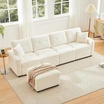 "Bladez" didelė 4 vietų sofa su laikymo vieta ir taburete, šiuolaikinė L formos kampinė sofa su lovos dėže, gyvenamasis kraštovaizdis su miego funkcija ir šezlongu, patogi velvetinė sofa svetainei, smėlio spalvos