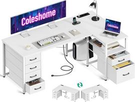 "Coleshome" rašomasis stalas su medžiaginiais stalčiais, 140 x 80 cm, dvipusis rašomasis stalas, L formos su dokumentų stalčiumi, kampinis rašomasis stalas su USB įkrovimo prievadu ir kištukiniu lizdu, namų biuro stalai, baltos spalvos