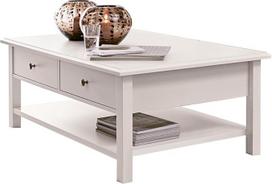"Copenhagen White Country House" kavos staliukas su 2 metalinėmis rankenomis ir 2 dideliais stalčiais, plotis x aukštis x gylis: 102 x 45 x 68 cm