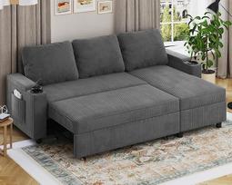 "Devoko" kampinė sofa su miego funkcija ir lovos dėže, "L" formos sofa, 3 sėdimų vietų išskleidžiama sofa lova, lininė sofa, maža sofa lova namams ir svetainei, pilka | Miego funkcija, "L" formos, išskleidžiama, 3 sėdimos vietos