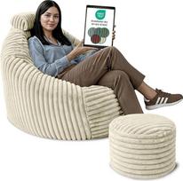 "DreamRoots" suaugusiųjų kėdė "Bean Bag Chair" 92 x 70 x 100 cm su taburete, atlošu galvai ir laikymo krepšiu - "Bean Bag Chair" - skaitymo kėdė, patogi, itin minkšta ir pūkuota 420 g/m² virvė - kreminė