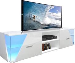 "Dripex" televizoriaus spintelė, TV staliukas su LED apšvietimu, blizgi TV laikymo spintelė / TV vitrina, 150 x 37 x 35 cm, balta