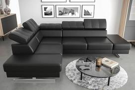 "Emporio" kampinė odinė sofa 225 x 300 cm Reguliuojami galvos atlošai Sidabrinės kojos Odinė (juoda, kairė)
