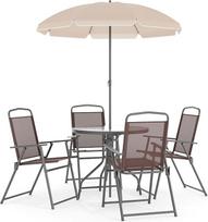 "Flash Furniture Nantucket" 6 dalių rudos spalvos sodo komplektas su stalu, skėčiu ir 4 sulankstomomis kėdėmis