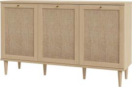 "Forte Calasetta 150" boho stiliaus komoda, Vienos pintinė, komoda su 3 durelėmis, elegantiškas ąžuolo medžio dekoras / techno rotango mediena, 150 cm pločio x 90 cm aukščio x 41 cm gylio
