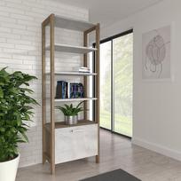 "Forte Duro 70 80" knygų spinta su 1 durelėmis, "Country House" stiliaus stovinti lentyna, medžio kompozitas, pušies baltos spalvos/antikinio ąžuolo medienos dekoras, 71 cm pločio x 200 cm aukščio x 41,2 cm gylio