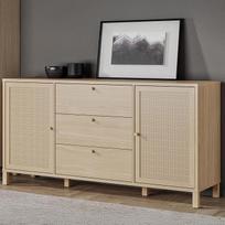 "Forte SKELBIT Sideboard 160", didelė Boho stiliaus komoda, 2 durys, 3 stalčiai, medžio kompozitas, svetainė, miegamasis, elegantiška ąžuolo medienos apdaila, Technorattan, 162,8 cm pločio x 82,5 cm aukščio x
