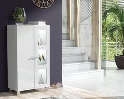 "Furneo Mia 02" matinio ir blizgaus paviršiaus šoninė spintelė su baltu LED apšvietimu