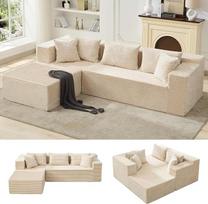 "Garvee" kampinė L formos sofa iš velvetinio audinio, šiuolaikinė smėlio spalvos sekcinė sofa su kairiuoju šezlongu, 3 vietų sofa svetainei, itin minkšta minkšta sofa, 268 cm pločio, madingo velvetinio dizaino