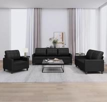 "Gecheer" 3 dalių sofos komplektas, sofos komplektas, minkšta sofa, svetainės sofa, sofos-lovos komplektas, svetainės baldai, svetainės sofa, fotelis, sofa, dizaino sofa, sodo sofa su pagalvėlėmis, juoda dirbtinė oda