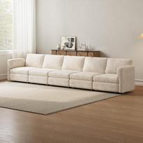 "Guyii" medžiaginė "L" formos kampinė sofa "Modernus gyvenamasis kraštovaizdis", 4 sėdimos vietos, patogi sofa svetainei, minkštas užvalkalas, skandinaviškas dizainas, smėlio spalvos (5 sėdimos vietos)