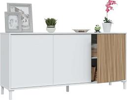 "Habitdesign", modernus bufetas su 3 durelėmis - "Artik White" ir natūralaus medžio šoninė spintelė svetainei ar valgomajam, daug vietos saugojimui, matmenys: 154 x 74 x 40 cm (plotis x aukštis x gylis), Ethna