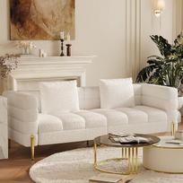 "Homary" 3 vietų sofa, baltos spalvos "Boucle" sofa (200 cm), moderni minkšta sofa su pagalvėlėmis, patogi svetainės sofa su gilia sėdimąja dalimi, vidurio amžiaus stiliaus sofa su tvirtu mediniu rėmu