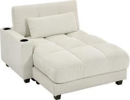 "HOMCOM Chaise Longue" dvivietė sofa-lova 114 x 147 cm, su lovos funkcija, velveto išvaizda, kairiuoju ir dešiniuoju porankiais, puodelio laikikliu ir juosmens pagalvėlėmis, skirta svetainei, miegamajam, kreminės baltos spalvos