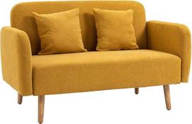 "HOMCOM" 2 vietų sofa su 2 metamomis pagalvėlėmis, maža minkštasuolė su aksomu, moderni minkšta sofa svetainei, miegamajam, mažam kambariui, geltona, 130 x 70 x 80 cm