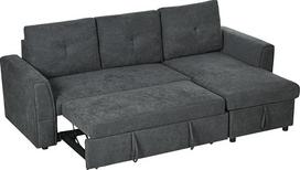 "HOMCOM" kampinė sofa-lova su lovos funkcija, 3 vietų sofa su laikymo vieta, šezlongas, lino išvaizdos minkšta sofa svetainei, tamsiai pilka